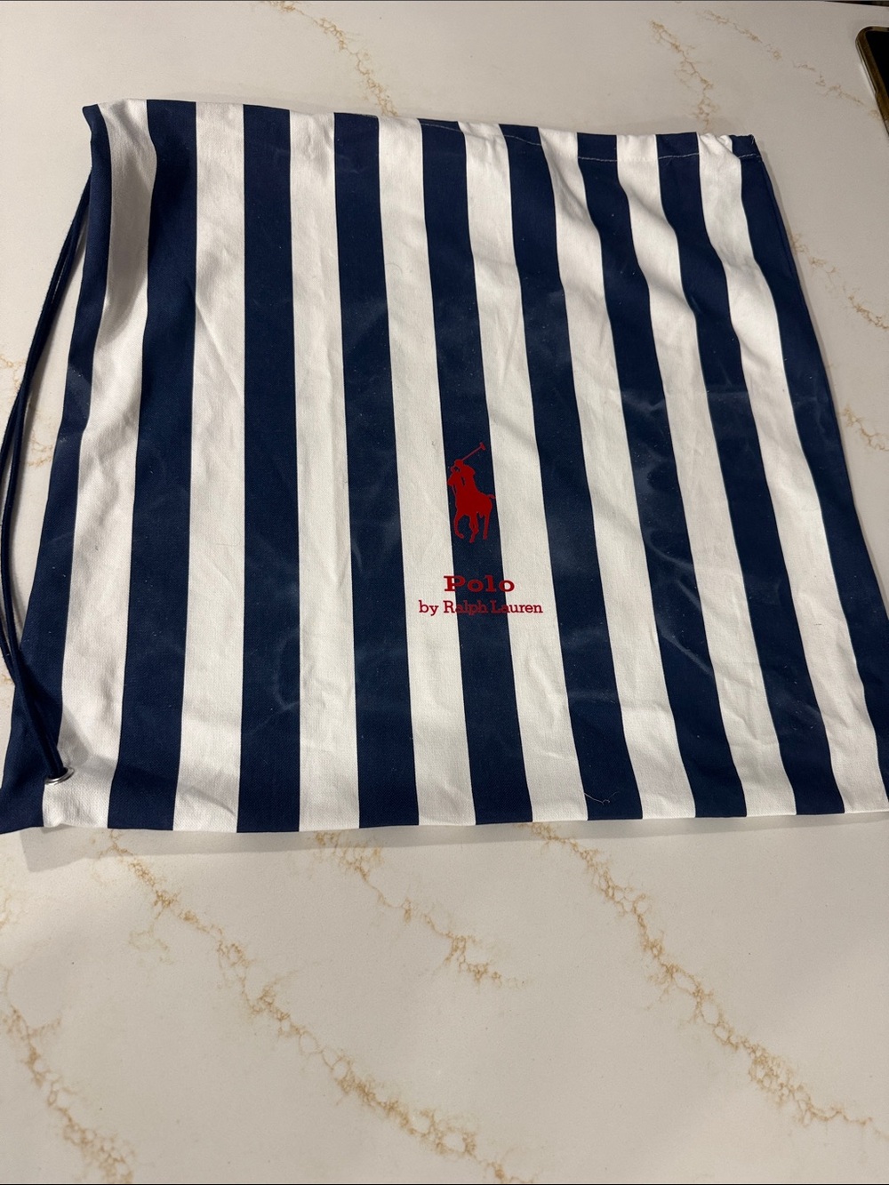 Polo by Ralph Lauren Navy & White Striped Drawstring Tote with Red Logo